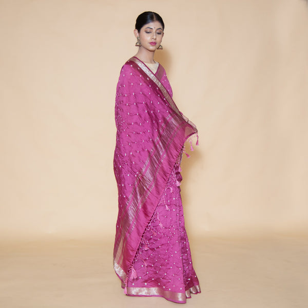 Pink Bandhani Pure Chinya Silk Saree