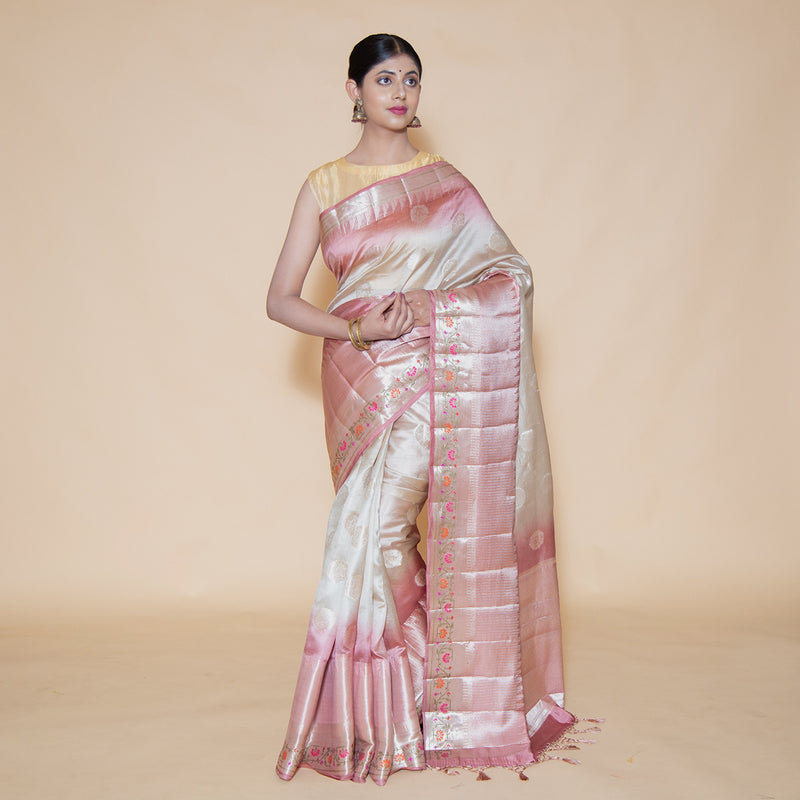Off white Pure Chinya Silk Saree With Onion Pink Border