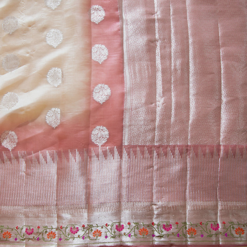 Off white Pure Chinya Silk Saree With Onion Pink Border