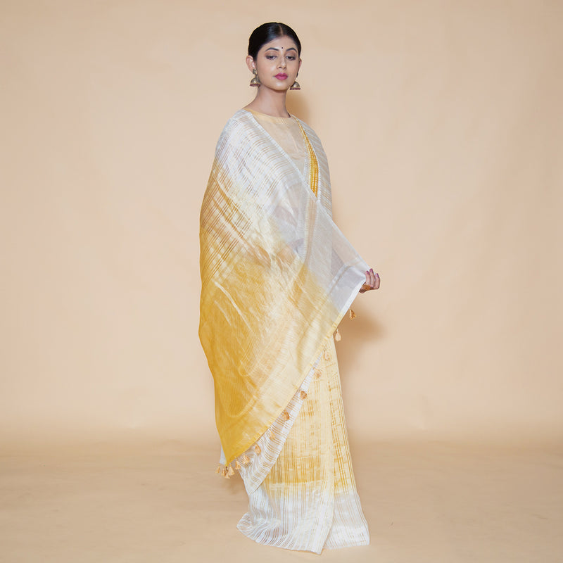 White-Yellow Pure Chinya Silk Dyed Saree