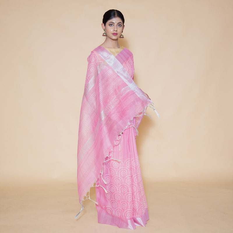 Pink Color Semi Cotton Embroidery Saree