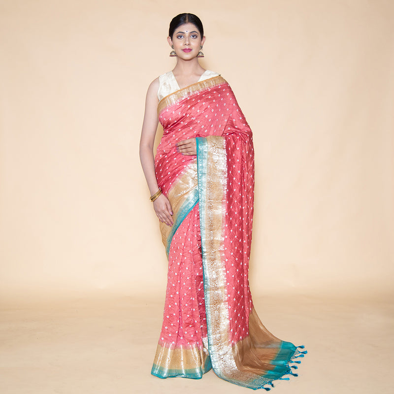 Peach Bandhani Pure Chinya Silk Saree