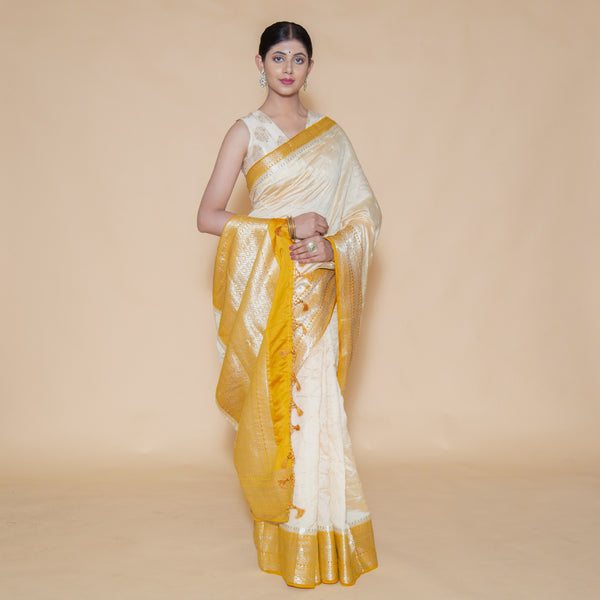 light yellow Bandhani Pure Chinya Silk Saree saree