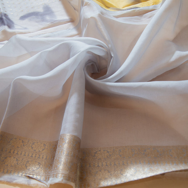 Grey-Yellow Pure Organza Handloom Silk Saree