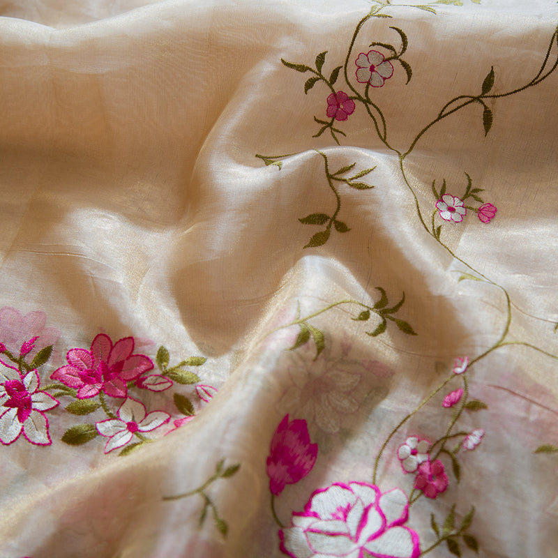 Cream Pure Tissue Silk With Embroidery Saree