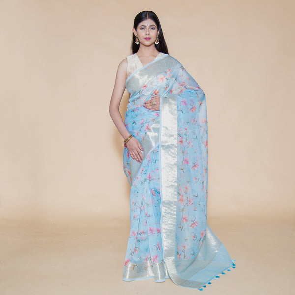 CHARUKRITI Allover Butti Weaving Sky Blue Jamdani Saree without Blouse –  Nykaa Fashion