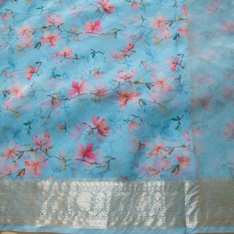 Sky Blue Color Semi Organza Silk Printed Saree