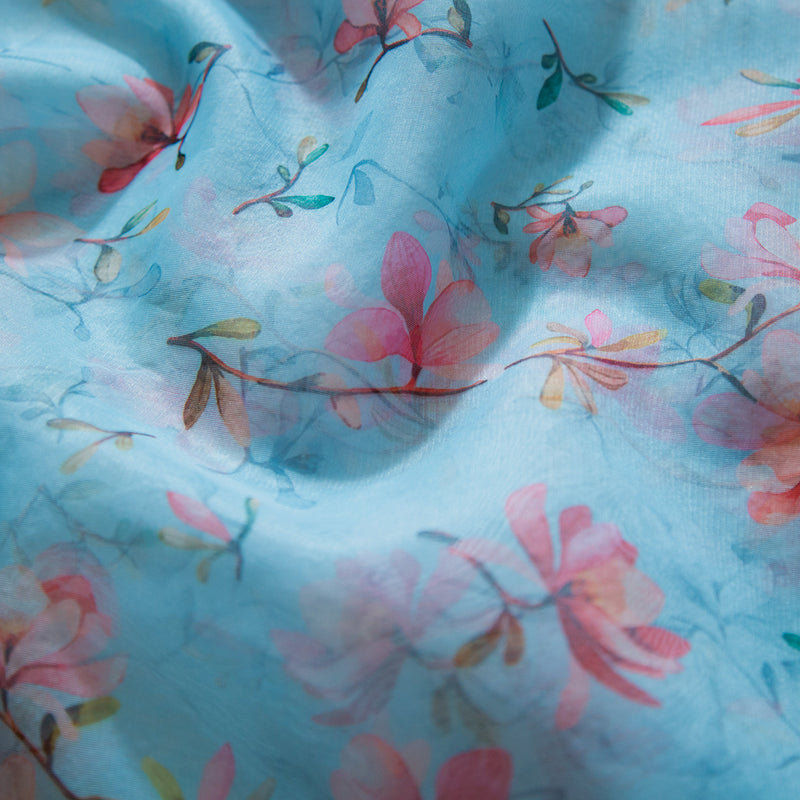 Sky Blue Color Semi Organza Silk Printed Saree
