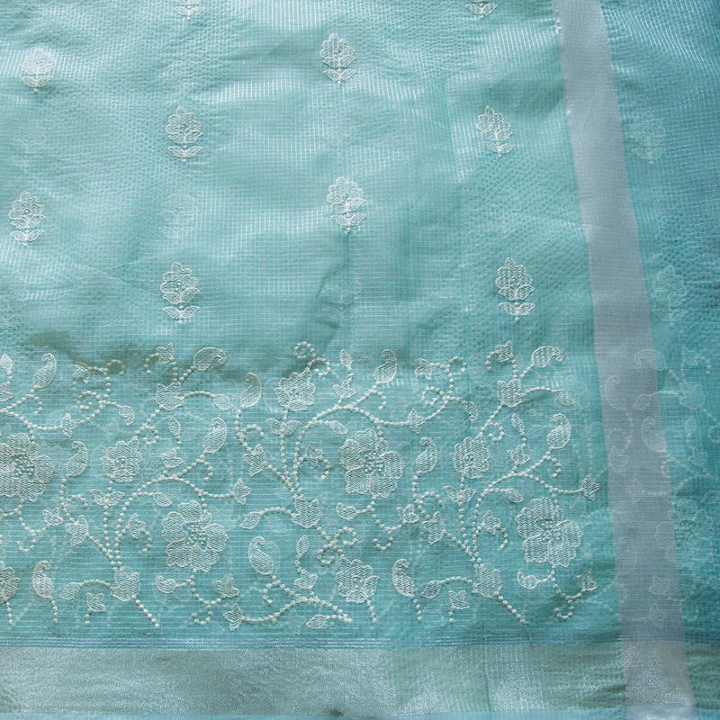 Pastel Blue Color Semi Organza Silk Embroidery Saree