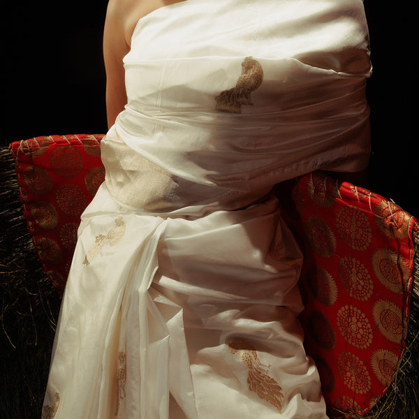 White Pure Katan Silk Handloom Banarasi Saree