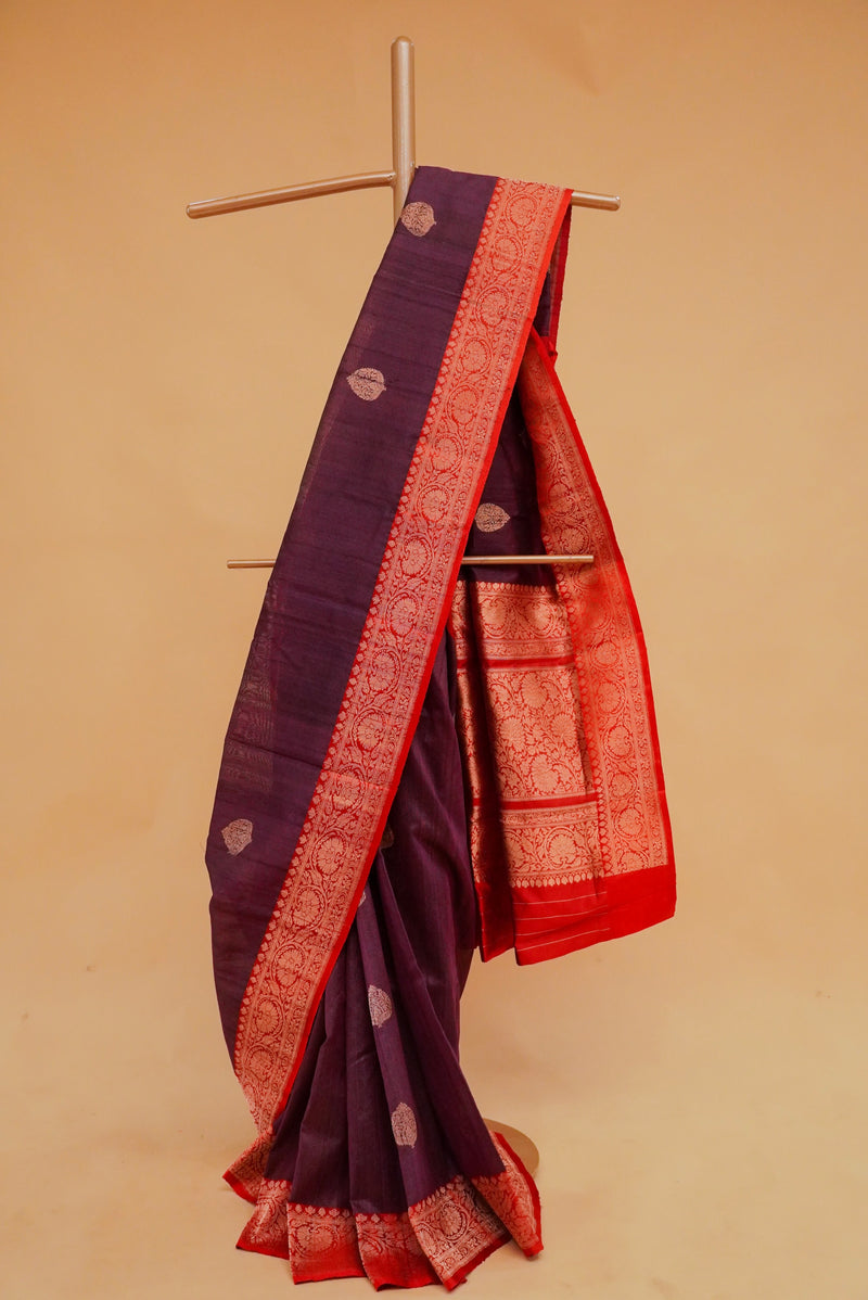 Wine-Red Border Tussar Silk Handloom Banarasi Saree