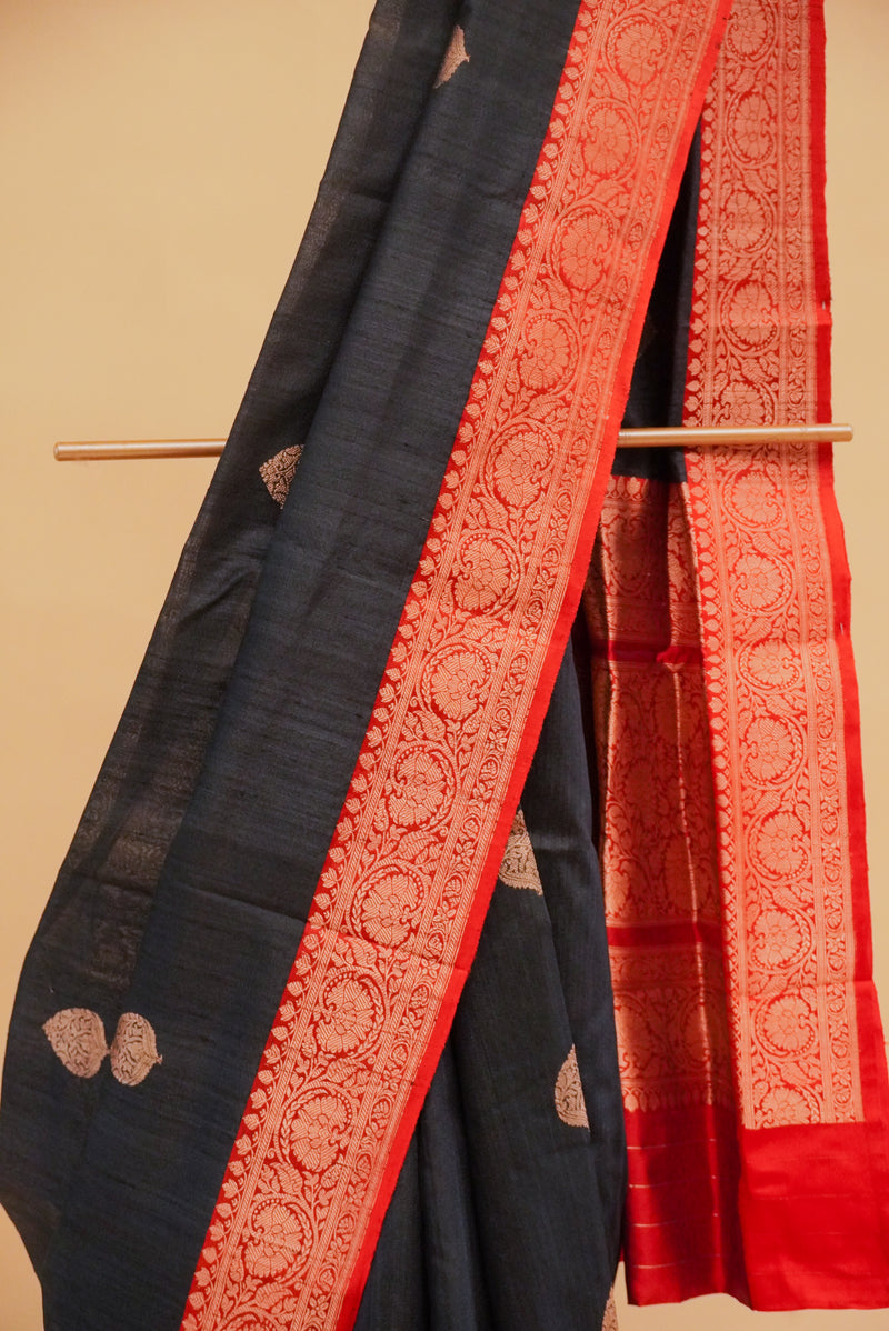 Black Tussar Silk Handloom Banarasi Saree