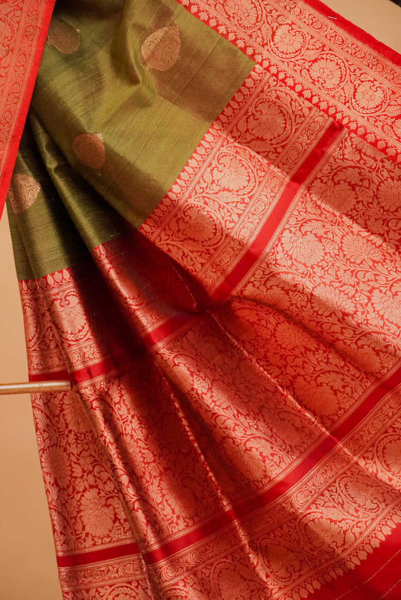 Mehendi Green Tussar Silk Handloom Banarasi Saree