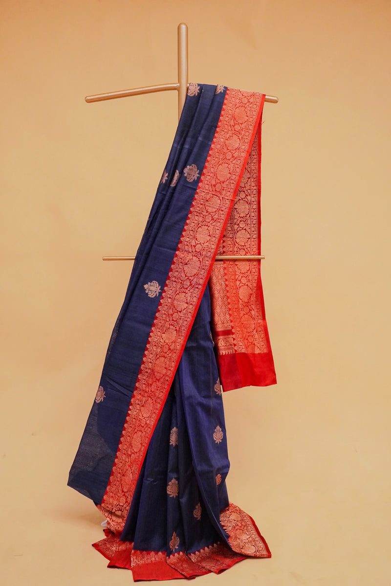 Blue Tussar Silk Handloom Banarasi Saree