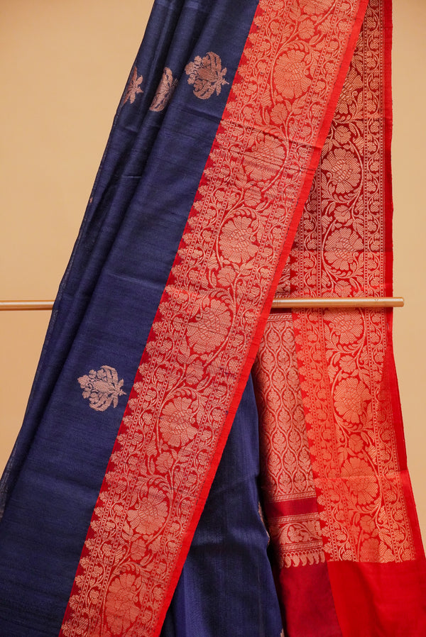 Blue Tussar Silk Handloom Banarasi Saree