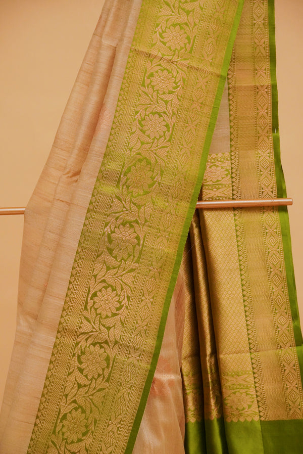 Beige Tussar Silk Handloom Banarasi Saree