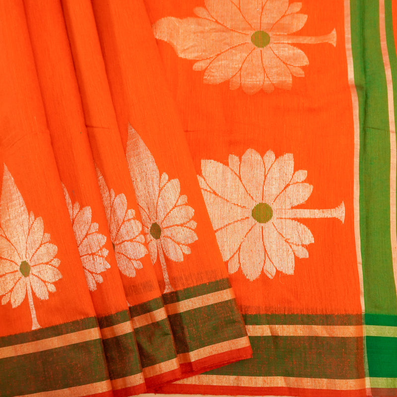 Dark Orange Pure Handloom Cotton Saree from banarasiya