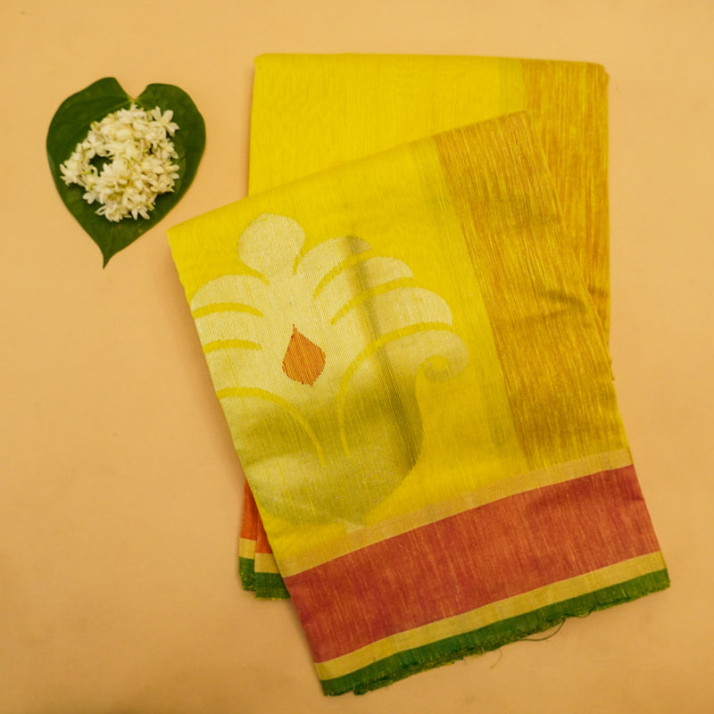Yellow Color Pure Handloom Cotton Saree from banarasiya