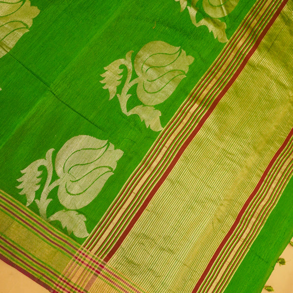 Parrot Green Color Pure Handloom Cotton Saree From Banarasiya