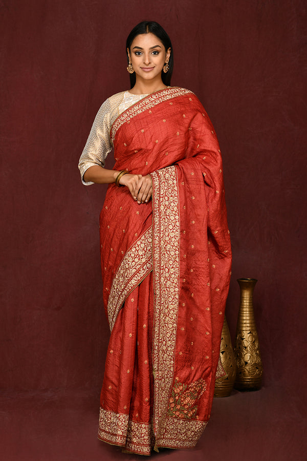 Red Kashmiri Embroidery Pure Tussar Silk Saree