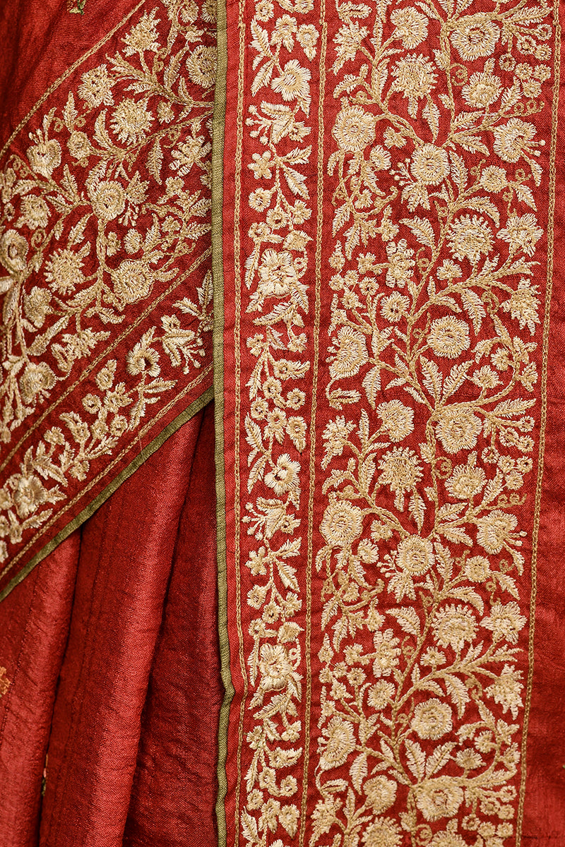 Red Kashmiri Embroidery Pure Tussar Silk Saree