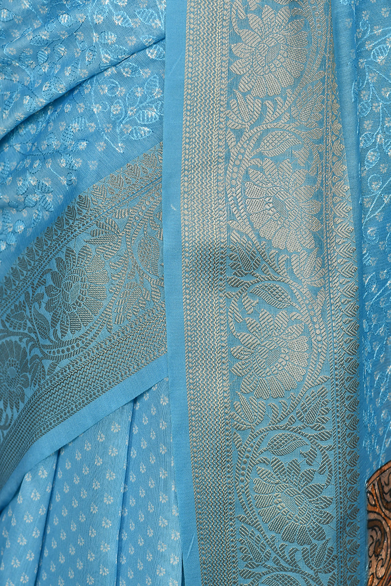 Sky Blue Embroidery Semi Cotton Saree