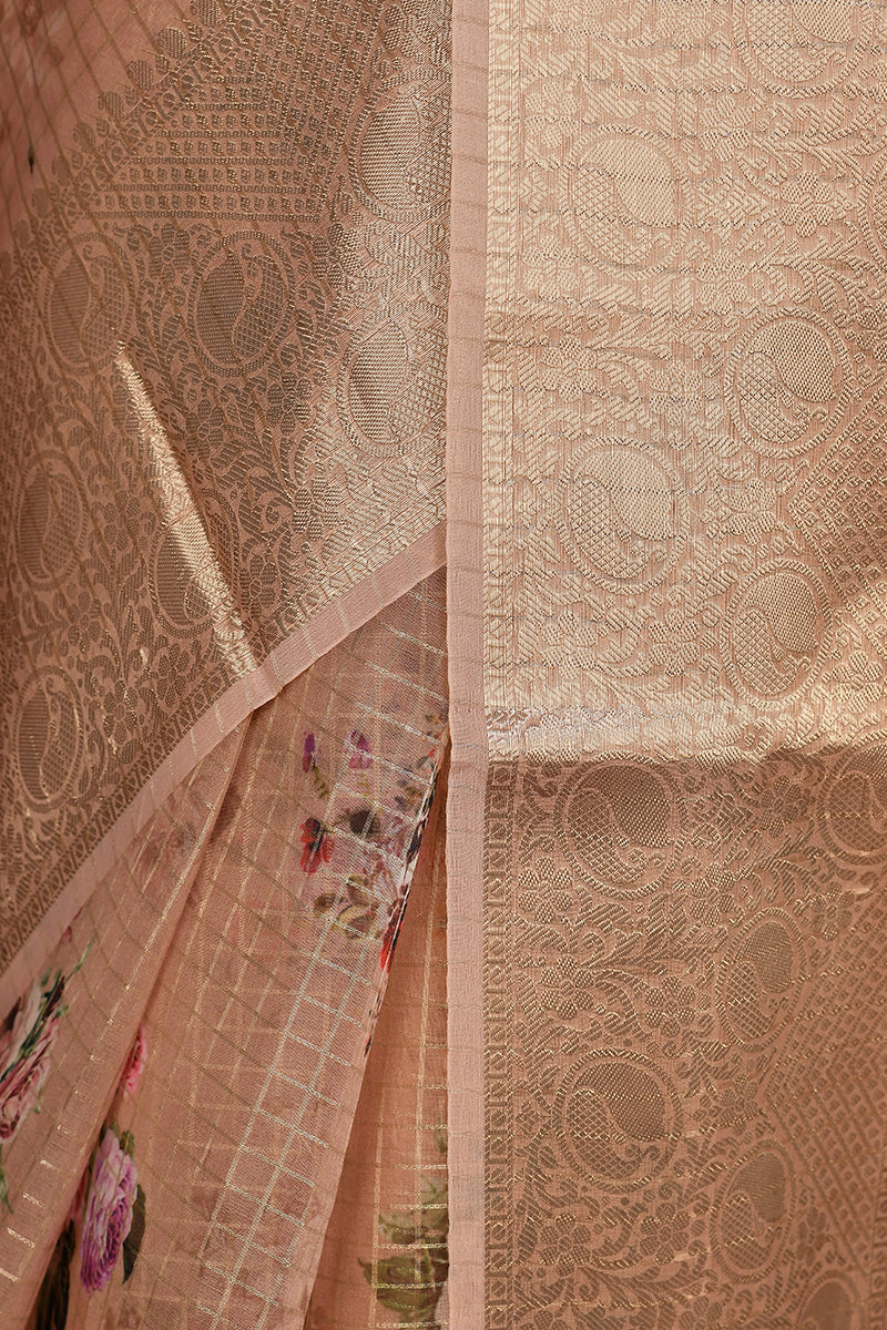 Cream Semi Organza Zari Printed Saree