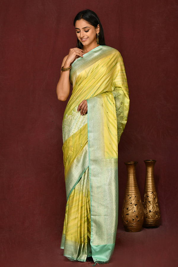 Green Hand Painted Pure Meshru Handloom Silk Saree