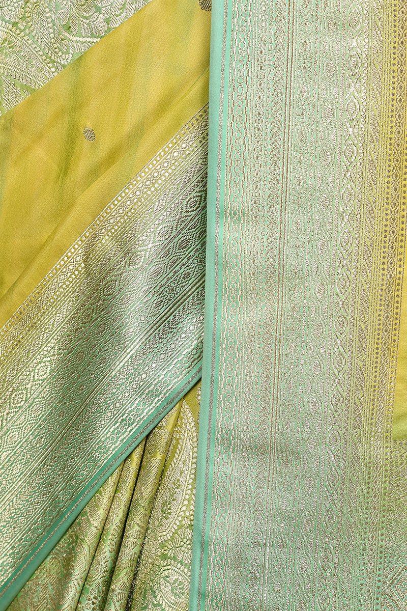 Green Hand Painted Pure Meshru Handloom Silk Saree