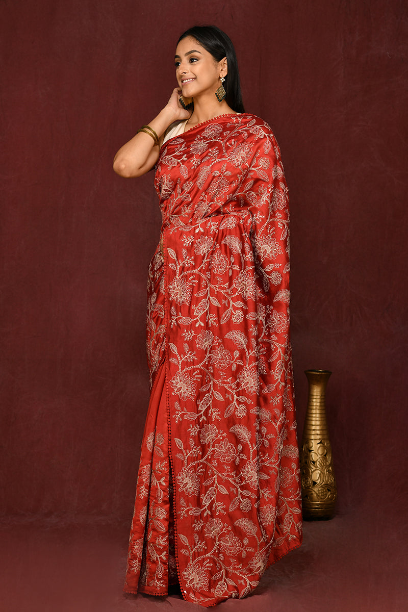 Red Embroidery Pure Chinya Silk Saree