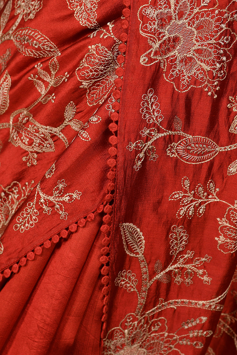 Red Embroidery Pure Chinya Silk Saree
