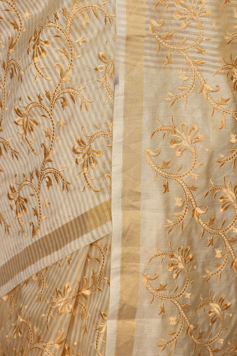 Off White Self Embroidery Pure Tissue Silk Saree