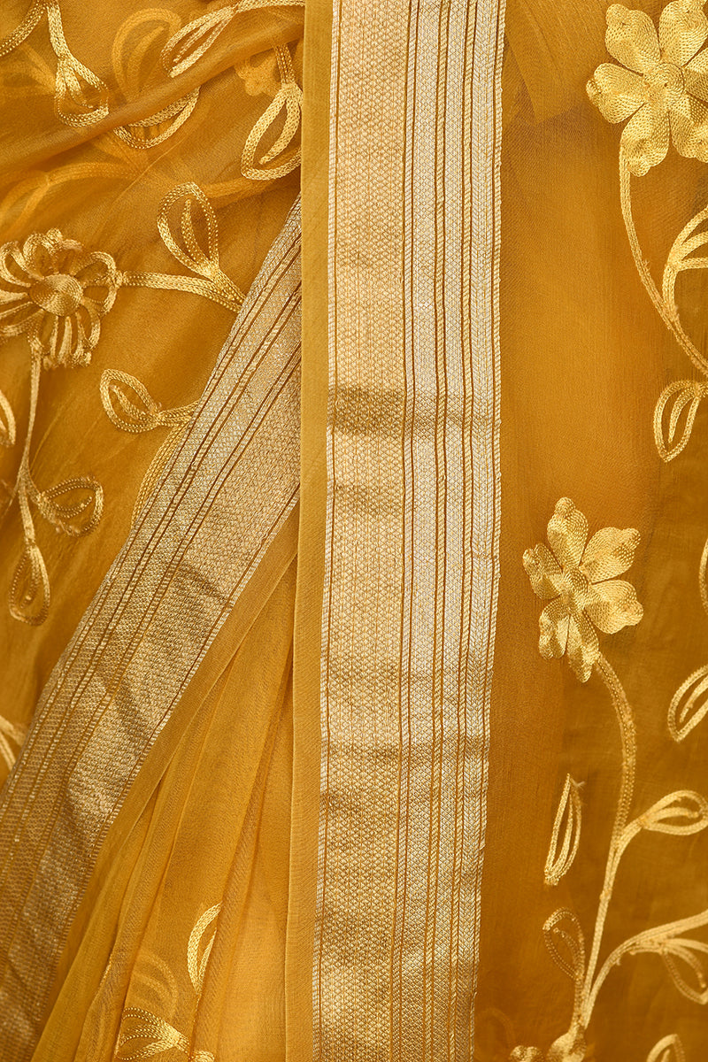 Yellow Embroidery Pure Organza Silk Saree