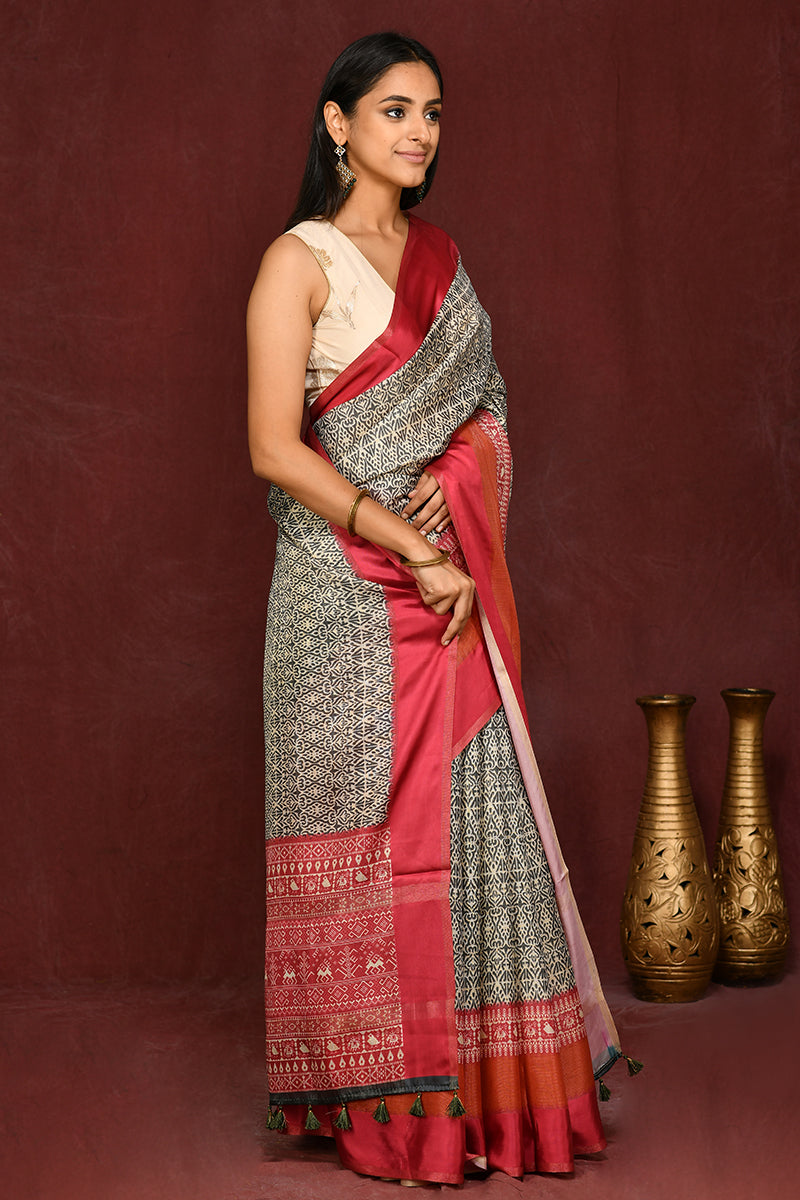 White-Black Printed Semi Tissue Silk Saree