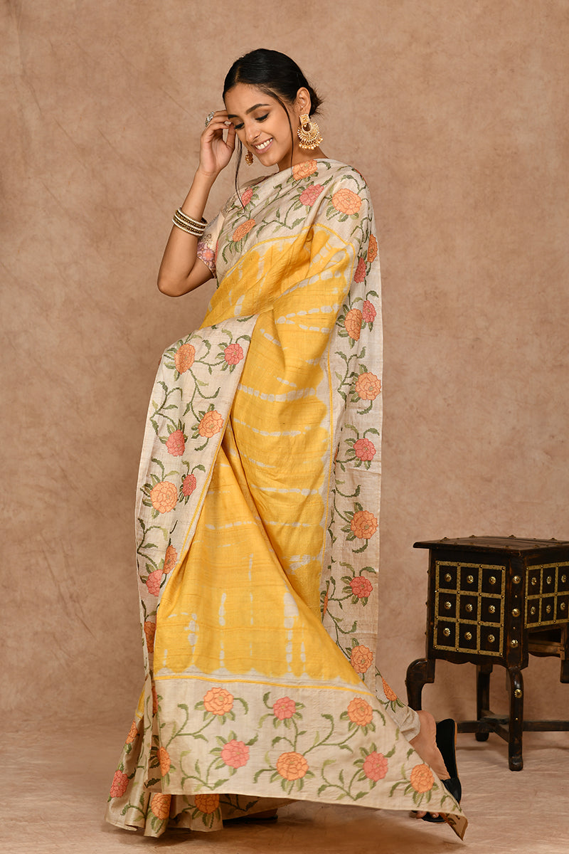 Yellow Resham Weaves Pure Tussar Silk Saree