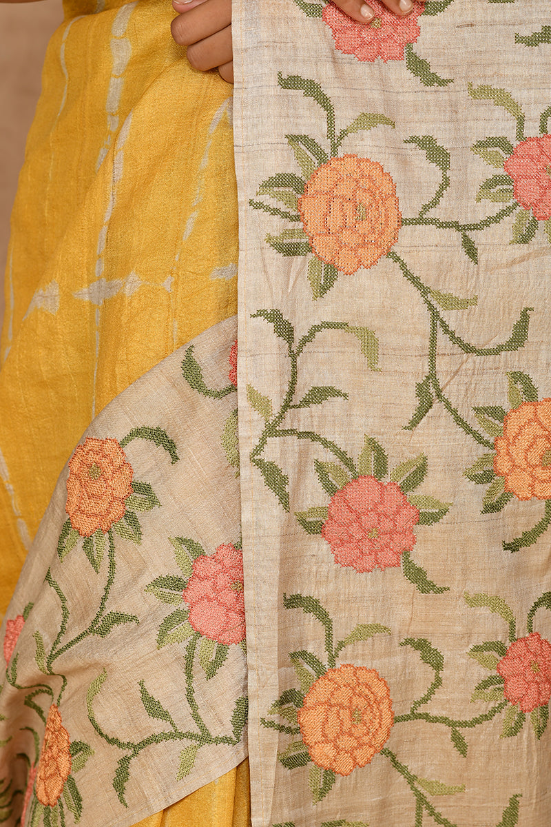Yellow Resham Weaves Pure Tussar Silk Saree