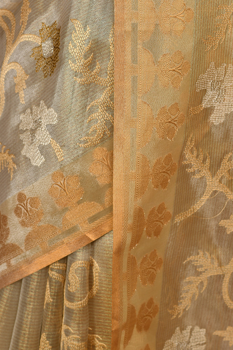 Cream Embroidery Semi Tissue Silk Saree