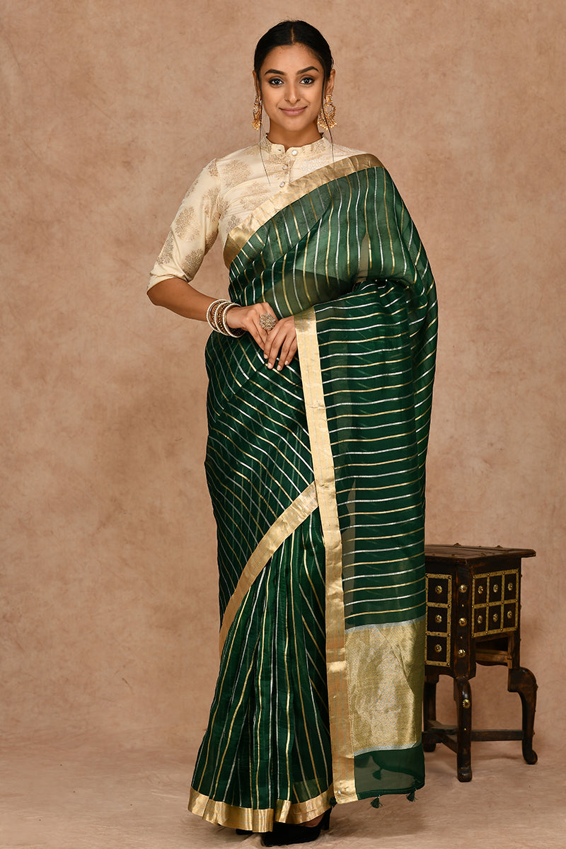 Deep Green Pure Organza Strips Handloom Silk Saree