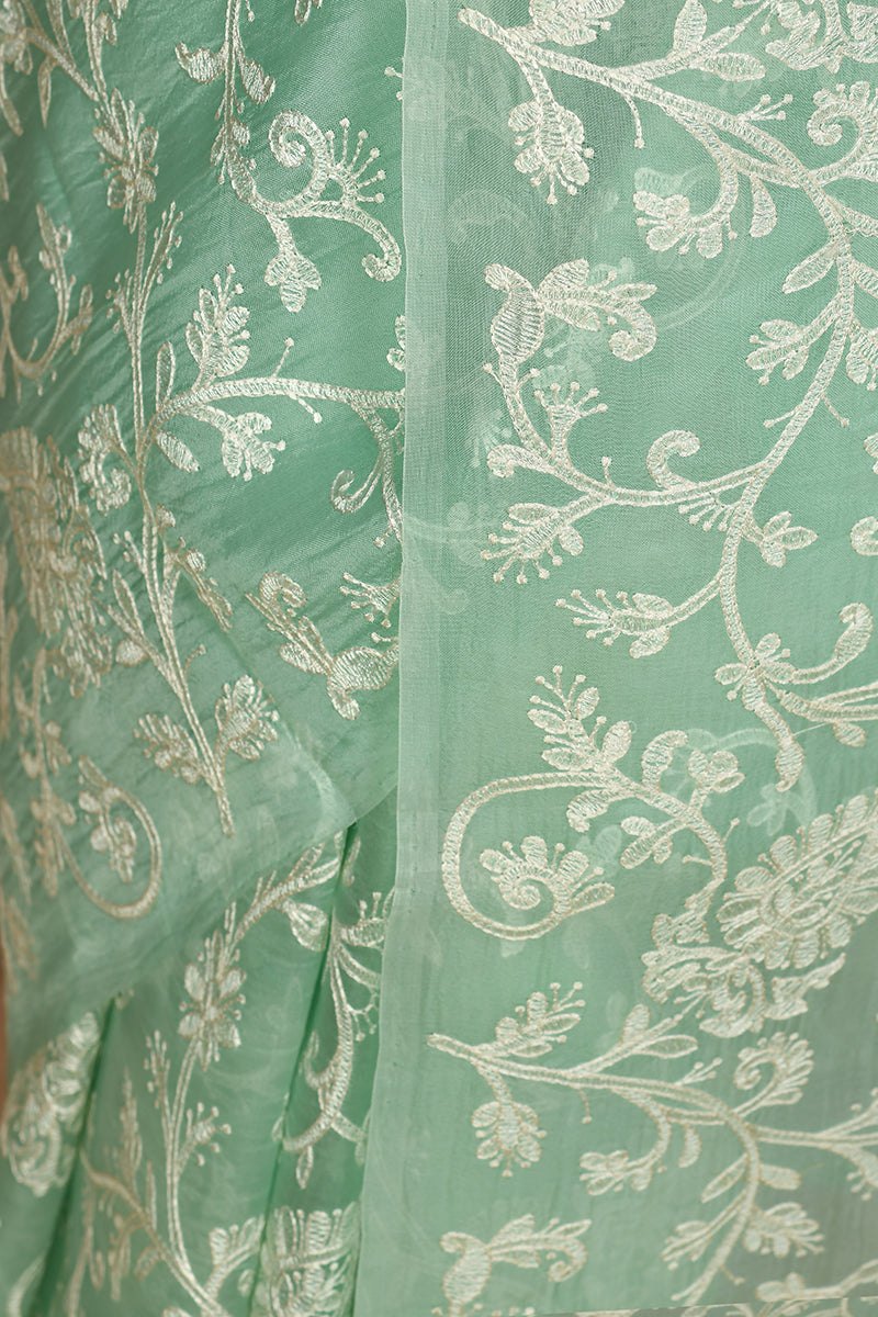 Green Embroidery Pure Organza Silk Saree
