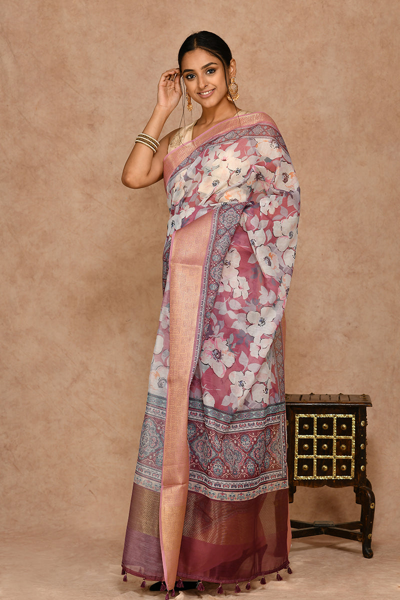 Peach Printed Semi Cotton Saree