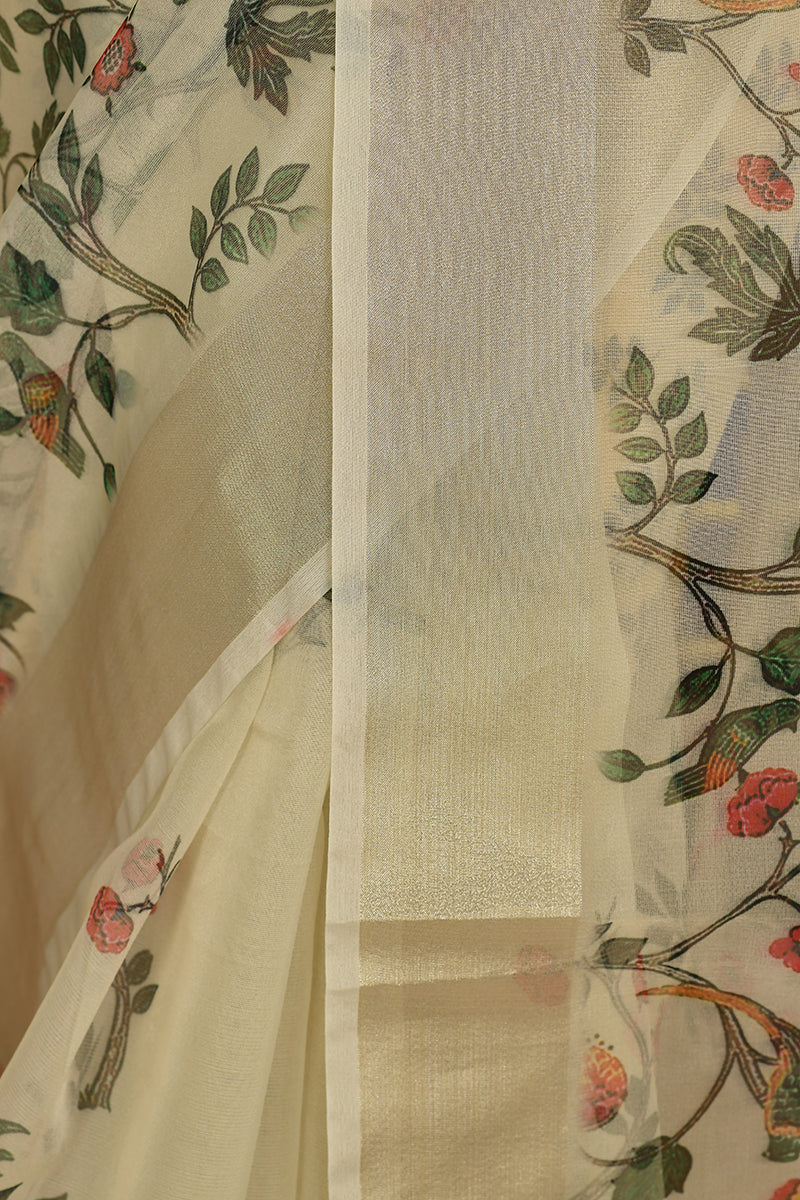 Cream Semi Organza Silk Printed Saree
