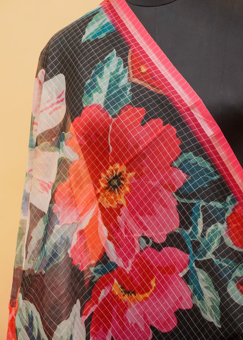 Multi Color Floral Printed Organza Silk Dupatta