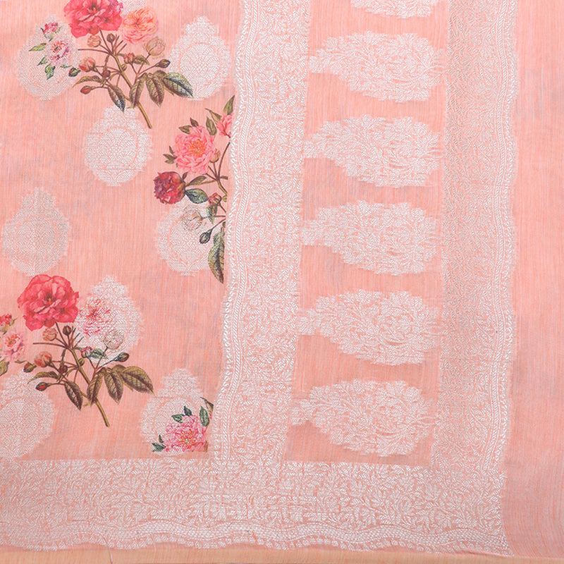 Pastel Peach Pure Cotton Linen Saree with Digital Print