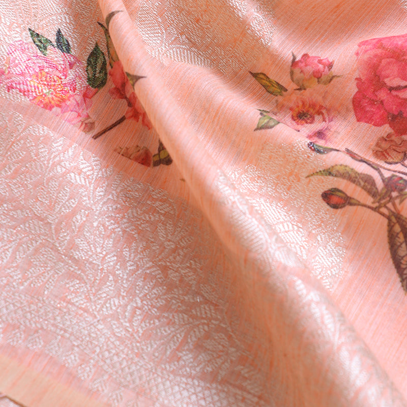 Pastel Peach Pure Cotton Linen Saree with Digital Print