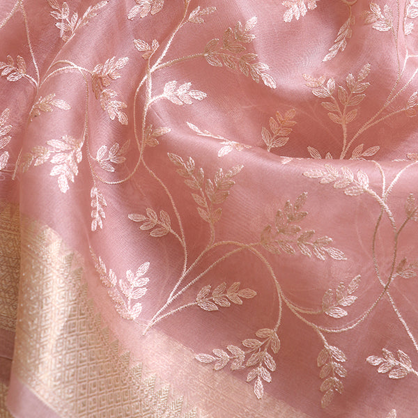 Baby Pink Pure Organza with Embroidery Silk Saree