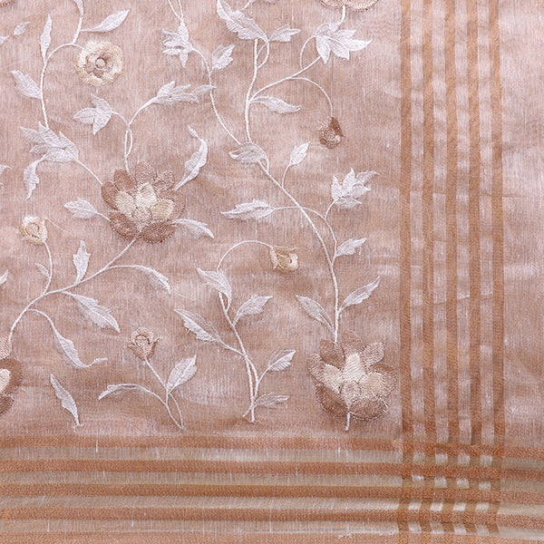 Cream Pure Tissue Linen Saree With Double Embroidery