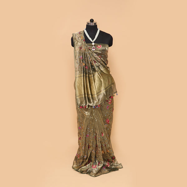 Gold Pure Tissue Silk Saree with Heavy Hand Embroidery