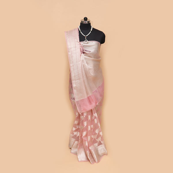 Pastel Pink Printed Pure Organza With Embroidery Silk Saree