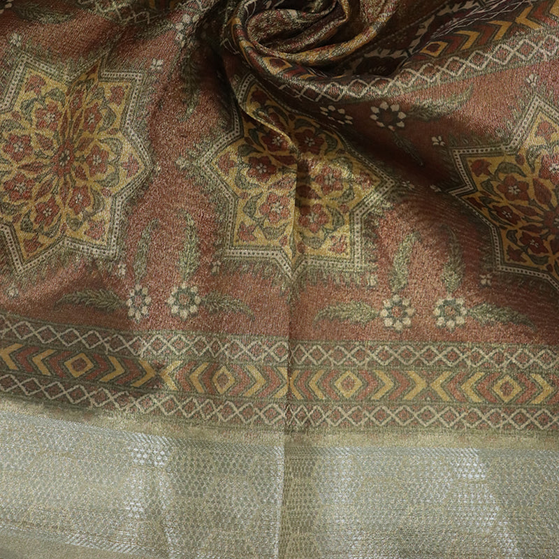 Brown Printed Tissue Silk Saree with Woven Tanchui Pallu