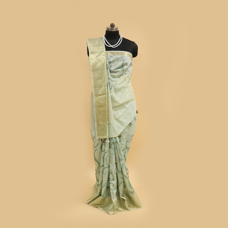 Sea Green Geometrical-Embroidery Pure Chinya Silk Saree